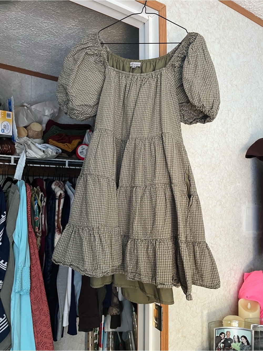 Girls Olive Green Tiered Puff Sleeve Dress